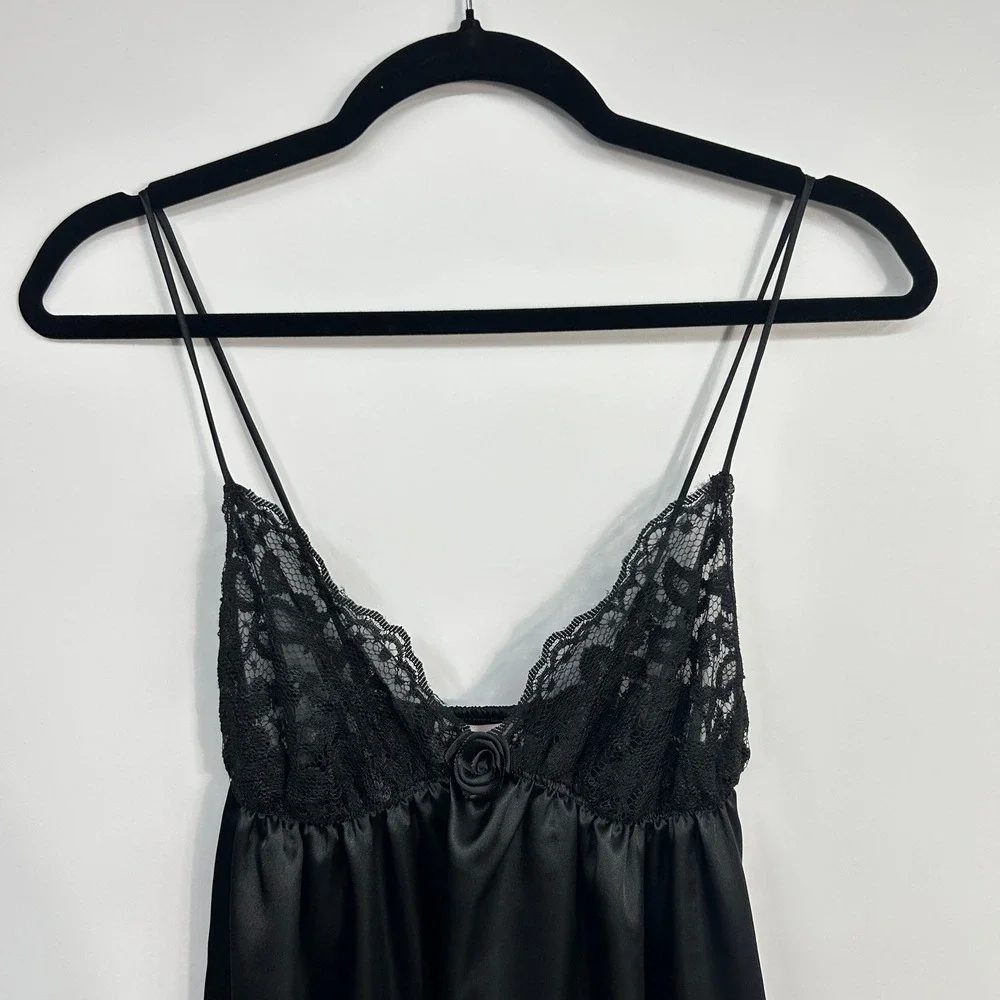 Black Satin Lace Babydoll Full Length Slip Dress Gown Lingerie XS/S Romantic